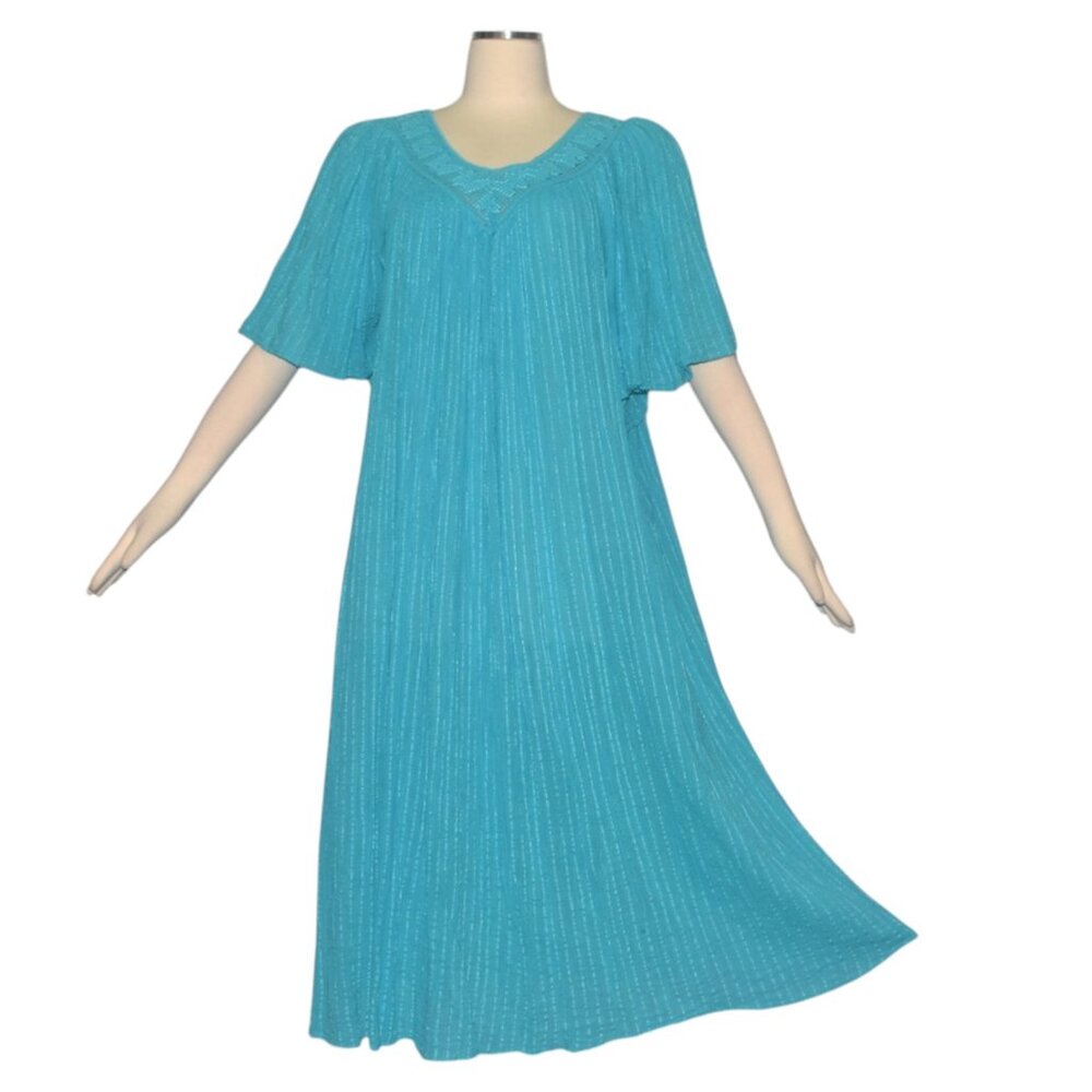 Vintage 70s Grecian Gauze Dress Turquoise Blue Flutter Sleeve Crochet Neckline